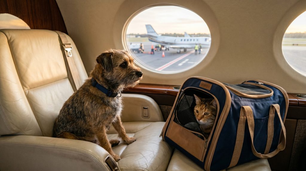 A terrier and a cat in a travel carrier sitting on leather seats inside a private jet cabin